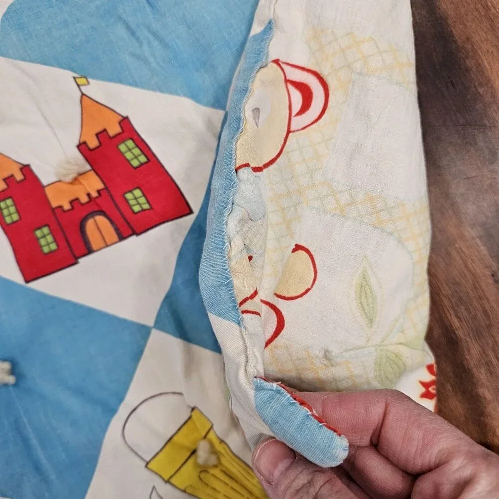 Vintage 60s 70s Kitschy Baby Quilt Blanket Reversible Alphabet Animals Checkered